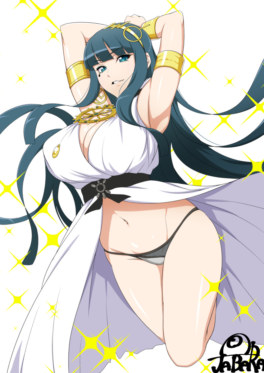 armlet armpits arms_behind_head arms_up bangs bare_shoulders blunt_bangs bracelet breasts cleavage cleopatra_(fate/grand_order) commentary_request diadem dress earrings eyeliner fate/grand_order fate_(series) green_eyes green_hair green_panties highres hips hoop_earrings huge_breasts jabara_tornado jewelry long_hair looking_at_viewer makeup navel necklace panties parted_lips sash simple_background smile solo sparkle thighs underwear very_long_hair white_background white_dress