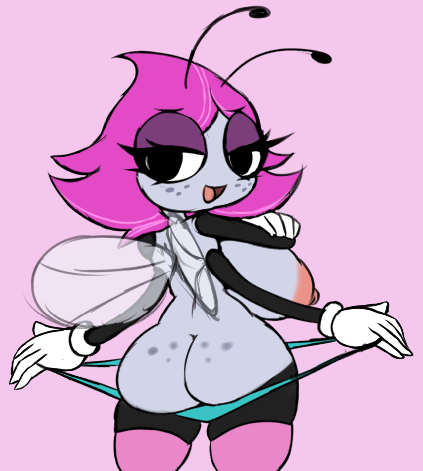 2019 5_fingers antennae anthro arthropod bedroom_eyes big_breasts breasts butt clothed clothing digital_media_(artwork) elfdrago female fly freckles gloves grey_skin grin hair half-closed_eyes hi_res insect insect_wings legwear looking_back maggie_pesky multi_arm multi_limb nipples non-mammal_breasts purple_hair rear_view seductive short_hair simple_background smile solo standing the_buzz_on_maggie thick_thighs thigh_highs topless undressing wings