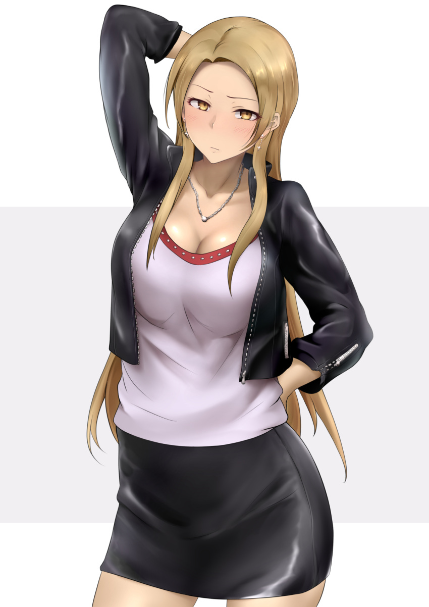 arm_behind_head arm_up bangs black_jacket black_skirt blush breasts brown_eyes brown_hair cleavage closed_mouth collarbone commentary_request earrings forehead gobi_(sobmobink) hand_on_hip highres hips idolmaster idolmaster_cinderella_girls jacket jewelry large_breasts long_hair looking_at_viewer matsunaga_ryou necklace open_clothes open_jacket parted_bangs shirt simple_background skirt solo thighs white_background white_shirt