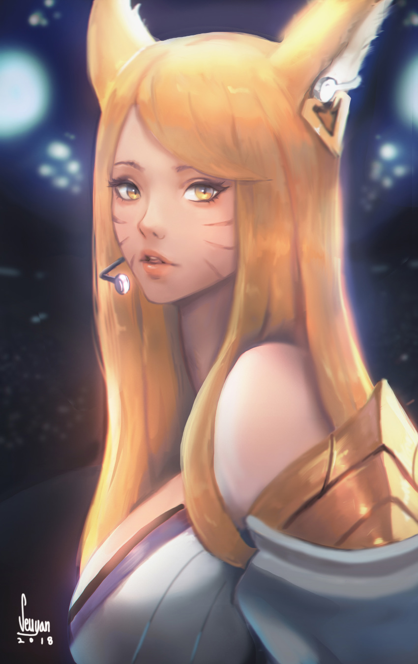 absurdres ahri animal_ears blonde_hair earpiece earrings fox_ears headset highres idol jewelry k/da_(league_of_legends) k/da_ahri league_of_legends long_hair seuyan solo whisker_markings yellow_eyes