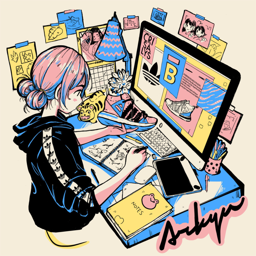 adidas artist_name black_hoodie calendar_(object) commentary computer crisalys drawing heart highres holding holding_shoes hood hoodie keyboard_(computer) lamp leaf long_sleeves monitor mouse_(computer) notebook original pen pink_hair plant poster_(object) shoes sleeves_rolled_up sneakers solo tape tied_hair upper_body