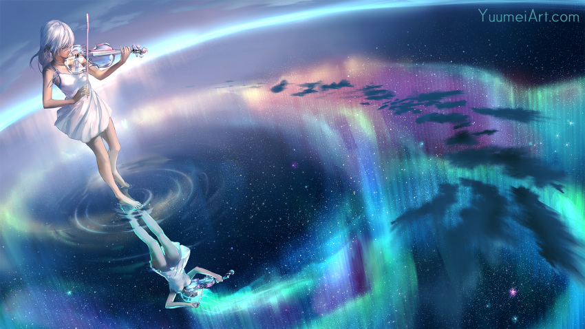 aurora bangs barefoot commentary commission dress english_commentary highres holding instrument long_hair music original outdoors playing_instrument reflection ripples scenery sky solo standing star star_(sky) starry_sky violin violin_bow water wenqing_yan white_dress white_hair