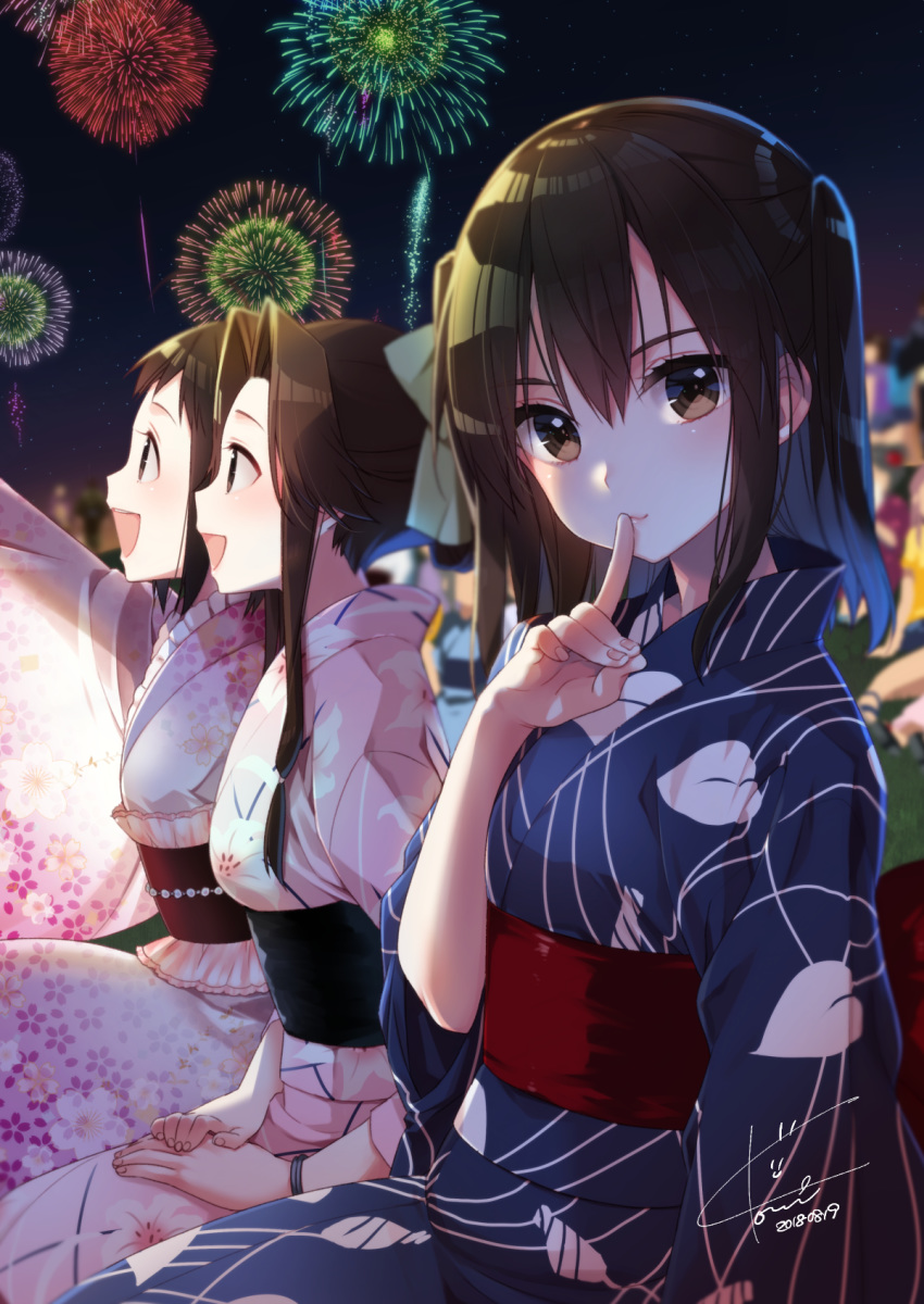 :d aerial_fireworks alternate_costume brown_eyes brown_hair dated finger_to_mouth fingernails fireworks hair_between_eyes hair_intakes half_updo highres japanese_clothes jintsuu_(kantai_collection) kantai_collection kimono koruri long_hair multiple_girls naka_(kantai_collection) night night_sky obi open_mouth sash sendai_(kantai_collection) short_hair signature sky smile two_side_up wide_sleeves wristband yukata