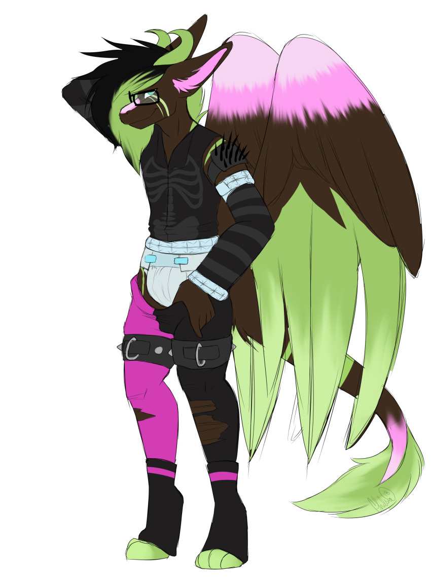 angel_dragon clothed clothing diaper eyewear fully_clothed glasses hair looking_at_viewer male simple_background standing twixxel_minty unknown_artist wings