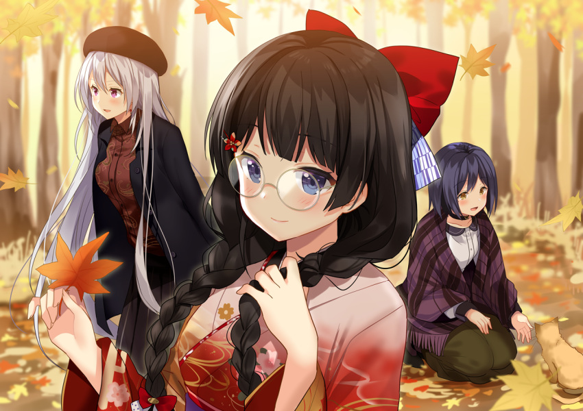 :d animal autumn_leaves bangs beret black_coat black_hair black_hat black_skirt blurry blurry_background blush bow braid breasts brown_eyes brown_shirt cat closed_mouth coat collared_shirt commentary_request day depth_of_field dress_shirt eyebrows_visible_through_hair floral_print fringe_trim glasses gradient gradient_kimono green_skirt hair_between_eyes hair_bow hair_down hands_up hat higuchi_kaede holding holding_leaf japanese_clothes kimono kneeling kurot leaf long_hair long_sleeves low_twintails maple_leaf multiple_girls nijisanji open_clothes open_coat open_mouth outdoors plaid pleated_skirt print_kimono print_shirt purple_eyes purple_hair red_bow red_kimono round_eyewear shawl shirt shizuka_rin silver_hair skirt small_breasts smile standing tree tsukino_mito twin_braids twintails very_long_hair virtual_youtuber white_shirt wide_sleeves