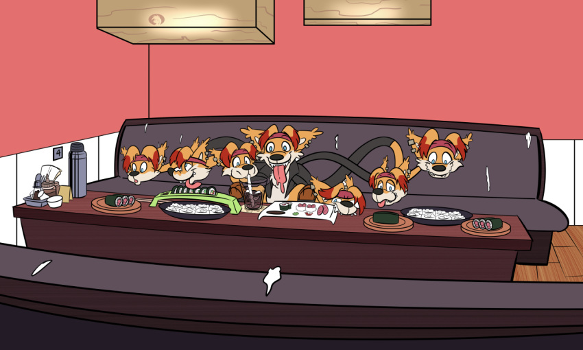 beverage buffet clothing detailed_background ear_piercing eating food fork headband invalid_tag jacket multi_head napkin narutomaki piercing restaurant rice soda soy_sauce spoon straw sushi table tongue tongue_out transformation trevor-fox what