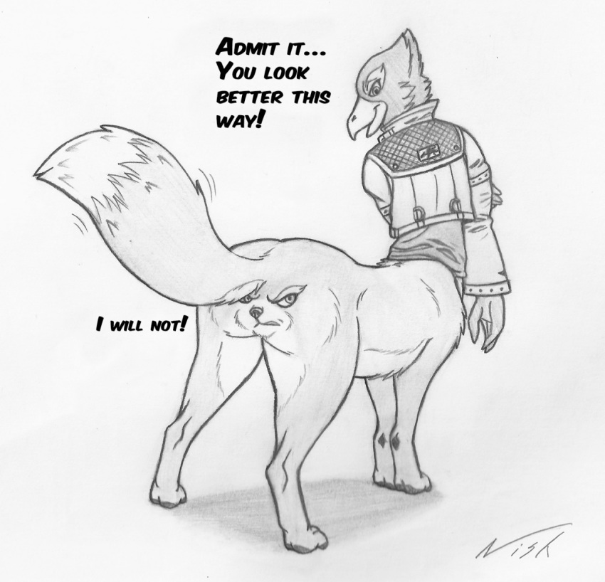 beak butt buttface canine clothed clothing dialogue falco_lombardi fox fox_mccloud humor male mammal merging nintendo nisharu_the_fox signature simple_background star_fox taur text transformation video_games what what_has_science_done white_background