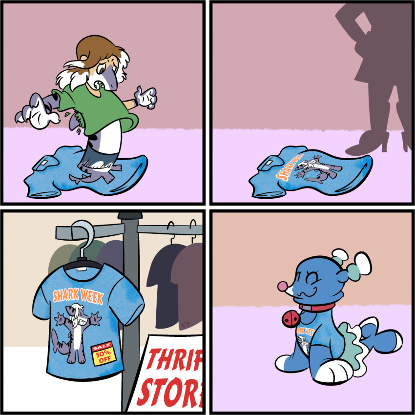 anthro bell brionne clothing clothing_rack collar feral fish hanger human inanimate_transformation male mammal marine nintendo pants pok&eacute;mon pok&eacute;mon_(species) shark shark_week shirt silhouette store t-shirt text thrift_store transformation trevor-fox video_games what