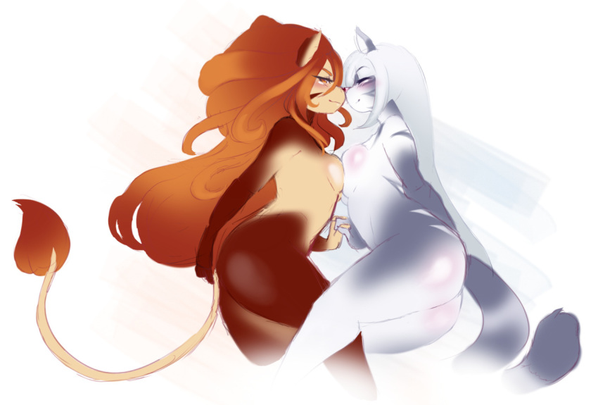 blush breast_squish breasts breasts_frottage duo eskimo_kiss eyes_closed feline female hair hand_holding interlocked_fingers kanel king_(character) long_hair mammal queen_(character) simple_background white_background