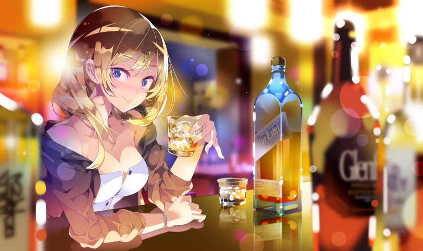 alcohol bangs bar bare_shoulders blonde_hair blurry blurry_background blurry_foreground blush bottle breasts brown_jacket cleavage closed_mouth collarbone commentary_request cup depth_of_field dress drink eyebrows_visible_through_hair hand_up haruse_hiroki holding holding_cup ice ice_cube indoors jacket long_hair long_sleeves medium_breasts off_shoulder open_clothes open_jacket original purple_eyes reflection sitting smile solo strapless strapless_dress transparent watch white_dress wristwatch
