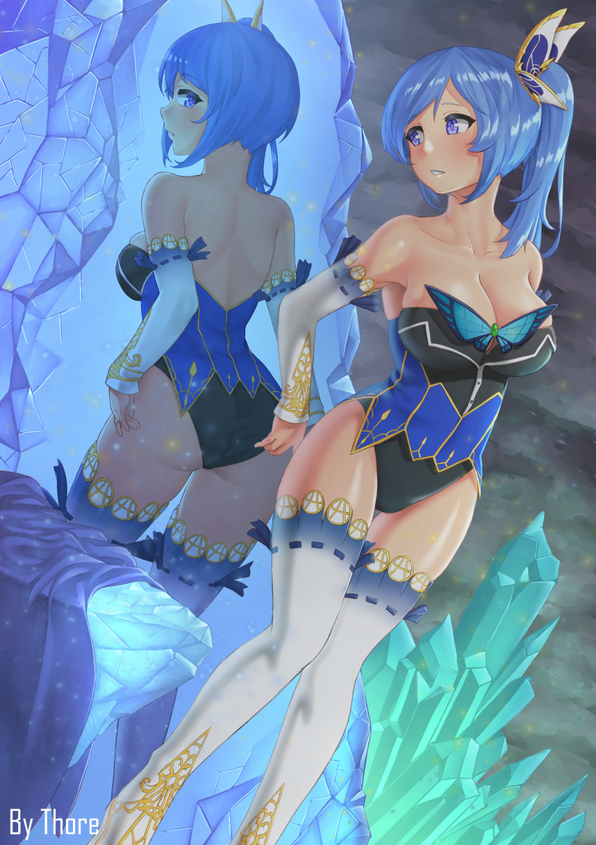 1girl artist_name ass back bangs bare_back bare_shoulders black_leotard blue_eyes blue_hair blue_leotard blush breasts butterfly_hair_ornament cave cleavage collarbone crystal detached_sleeves eyebrows_visible_through_hair feet_out_of_frame female hair_ornament ice indoors knees_together_feet_apart large_breasts legs leotard long_hair looking_back neck original parted_lips reflection shiny shiny_hair shiny_skin side_ponytail sideboob solo standing strapless strapless_leotard swept_bangs thighhighs thore white_detached_sleeves white_legwear