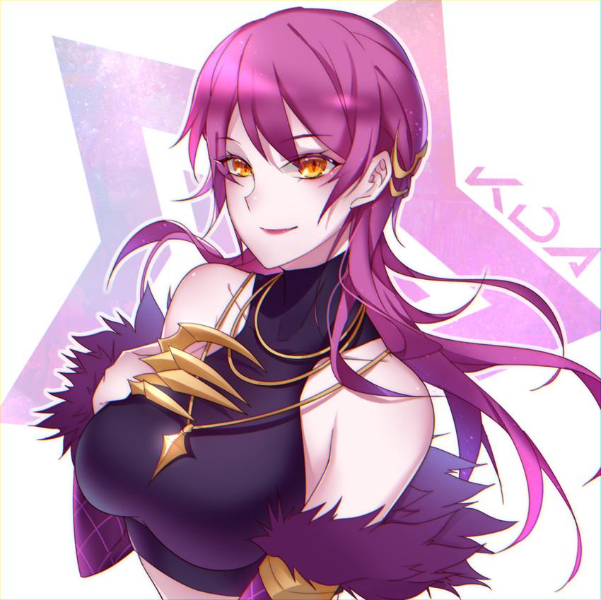 bare_shoulders breasts doming evelynn hair_ornament hand_on_own_chest highres idol jewelry k/da_(league_of_legends) k/da_evelynn league_of_legends lipstick long_hair makeup necklace orange_eyes purple_hair smile solo upper_body