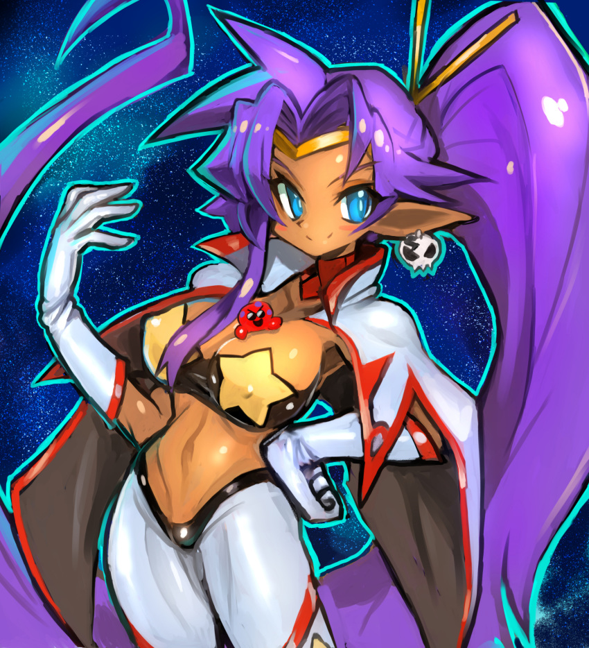 blue_eyes breasts cape cleavage commentary_request cosplay covered_nipples dakusuta dark_skin earrings gloves hand_on_hip highres jewelry large_breasts long_hair midriff navel pointy_ears ponytail purple_hair shantae_(character) shantae_(series) skull_earrings smile solo space_yoko tengen_toppa_gurren_lagann very_long_hair white_gloves yoko_littner yoko_littner_(cosplay)