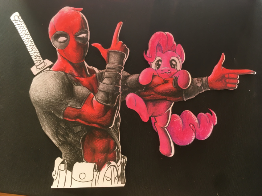 2018 amarthgul armor clothed clothing crossover deadpool duo earth_pony equine female feral friendship_is_magic hair horse human looking_at_viewer mammal marvel mask melee_weapon my_little_pony pinkie_pie_(mlp) pony sword weapon