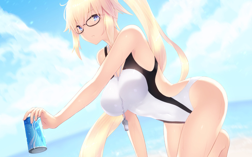 bangs black-framed_eyewear blonde_hair blue_eyes blue_sky blurry blurry_background blush breasts cait can collarbone commentary competition_swimsuit covered_navel day fate/grand_order fate_(series) glasses hair_between_eyes highres hips jeanne_d'arc_(fate)_(all) jeanne_d'arc_(swimsuit_archer) large_breasts long_hair looking_at_viewer ocean one-piece_swimsuit parted_lips ponytail sky solo swimsuit thighs very_long_hair whistle whistle_around_neck white_swimsuit