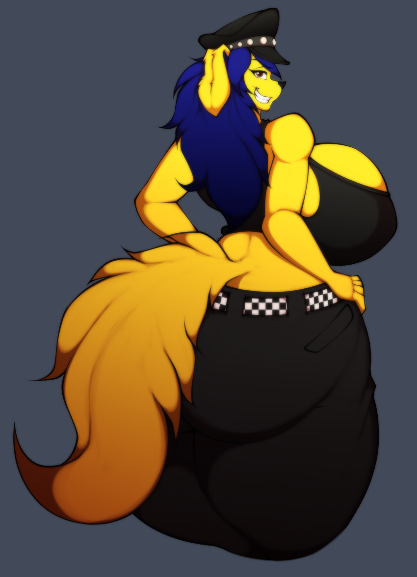 2018 absurd_res amy_"river"_lewis_(lildredre) anthro belt big_breasts big_butt blue_hair breasts brown_eyes butt canine cleavage clothed clothing digital_media_(artwork) dog female fur golden_retriever hair hat hi_res huge_breasts hyper hyper_breasts looking_at_viewer looking_back mammal side_boob simple_background smile solo standing superix thick_thighs tight_clothing voluptuous wide_hips