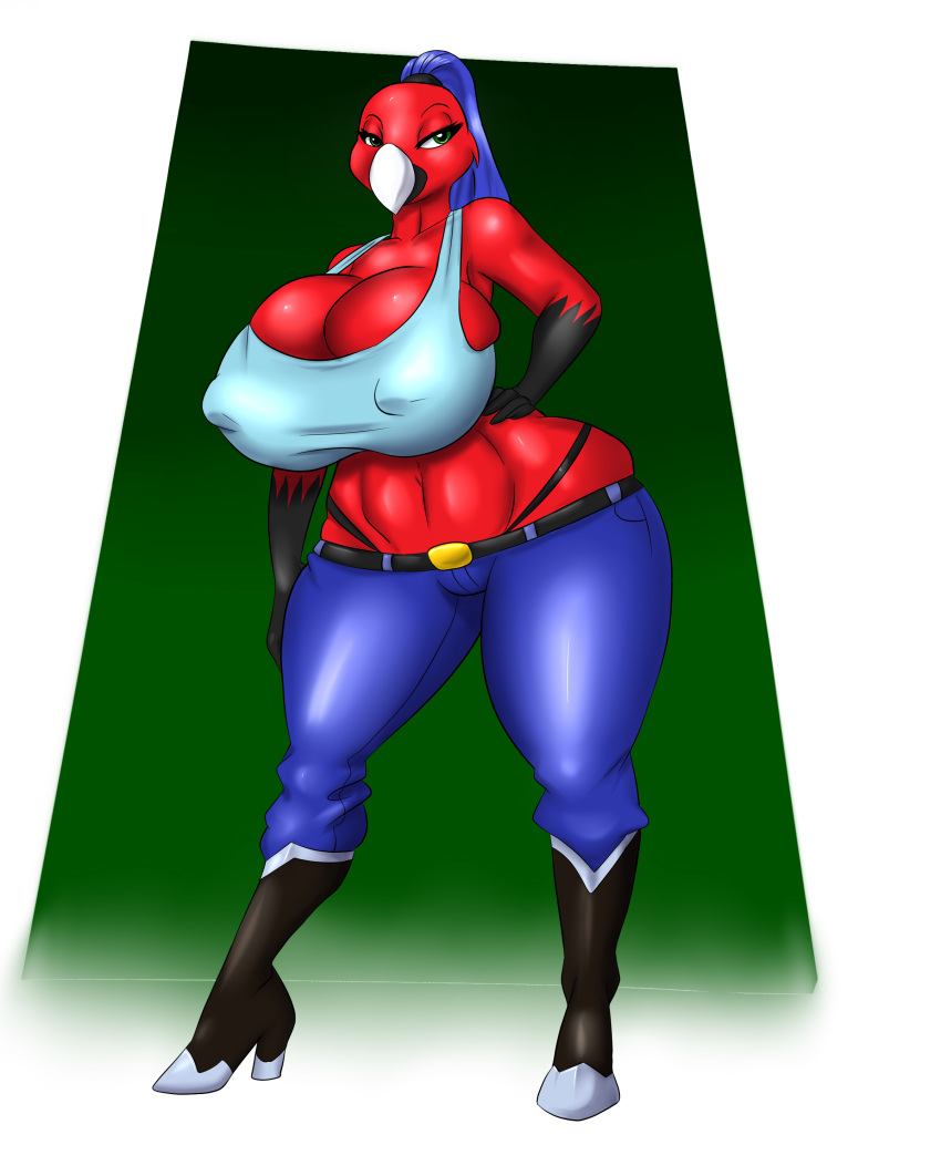 2018 absurd_res anthro avian beak big_breasts bird boots breasts cleavage clothed clothing digital_media_(artwork) erect_nipples feathers female footwear hair hi_res high_heels huge_breasts looking_at_viewer macaw mammal marauder6272 navel nipple_bulge nipples non-mammal_breasts parrot paulina_vargas_(lildredre) red_feathers scarlet_macaw shoes simple_background smaller_version_at_source solo thick_thighs thong underwear wide_hips