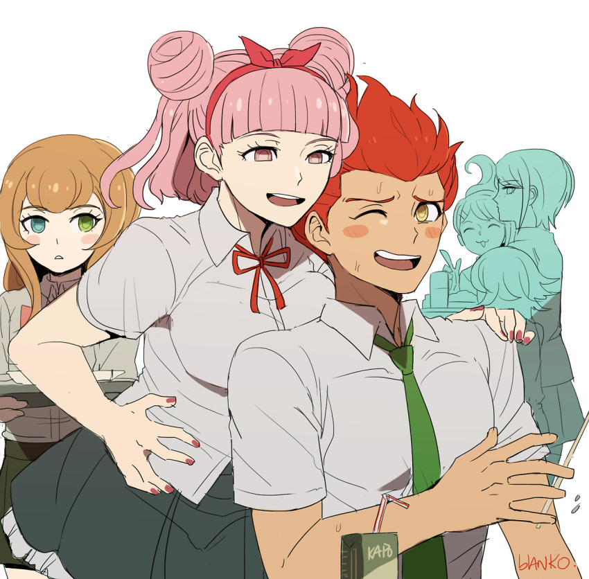 4girls asahina_aoi bangs blanko! blue_eyes blunt_bangs blush blush_stickers brown_hair commentary danganronpa danganronpa_3 double_bun english_commentary fujisaki_chihiro green_eyes green_neckwear hair_ribbon hand_on_another's_shoulder heterochromia highres ichino_sousuke ikusaba_mukuro juice_box kibougamine_gakuen_school_uniform long_hair multiple_boys multiple_girls nail_polish necktie nishizawa_kiriko pink_eyes pink_hair pink_nails red_hair red_ribbon ribbon short_hair simple_background tray umesawa_aiko white_background