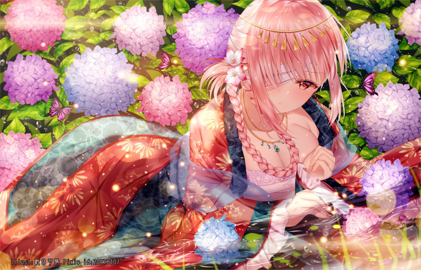 absurdres bandage_over_one_eye bangs blush braid breasts bug butterfly cleavage closed_mouth commentary_request day eyebrows_visible_through_hair fate/grand_order fate_(series) floral_print florence_nightingale_(fate/grand_order) flower hair_flower hair_ornament hair_over_one_eye highres hydrangea insect junpaku_karen long_hair long_sleeves looking_at_viewer lying medium_breasts on_stomach outdoors pink_flower pink_hair pixiv_id purple_flower red_eyes shallow_water sidelocks solo water weapon white_flower wide_sleeves