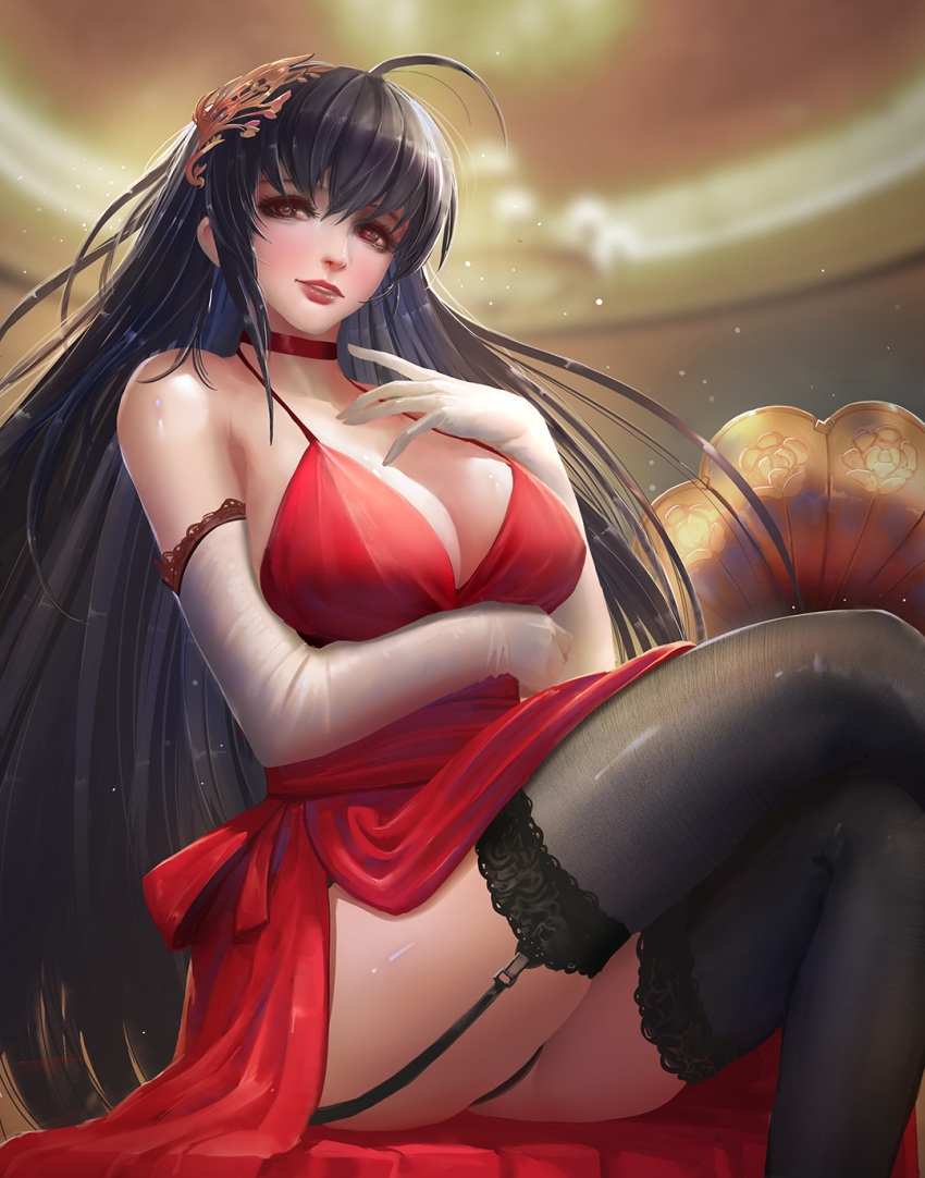ahoge alternate_costume arm_under_breasts azur_lane bangs bare_shoulders black_hair black_legwear blush breasts choker cleavage cocktail_dress collarbone commentary_request crossed_legs dress elbow_gloves fine_fabric_emphasis garter_straps gloves hair_between_eyes hair_ornament highres huge_breasts indoors kaze_no_gyouja large_breasts light_particles long_hair looking_at_viewer red_choker red_dress red_eyes sidelocks sitting smile solo taihou_(azur_lane) thighhighs thighs very_long_hair white_gloves