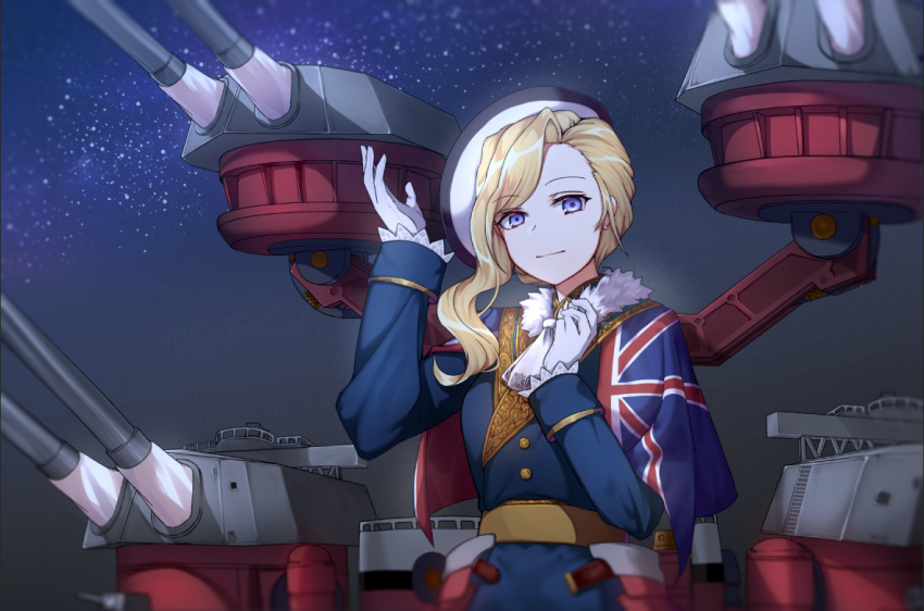 arm_up ascot asymmetrical_bangs azur_lane bangs belt black_hat blood blue_coat blue_eyes blurry closed_mouth commentary_request depth_of_field eyebrows_visible_through_hair faulds fur_collar gloves hand_up hat hood_(azur_lane) long_sleeves looking_at_viewer machinery military military_uniform night night_sky outdoors rigging shiny shiny_hair sky sleeve_cuffs smile solo star_(sky) starry_sky turret uniform union_jack upper_body white_gloves white_neckwear xiujia_yihuizi