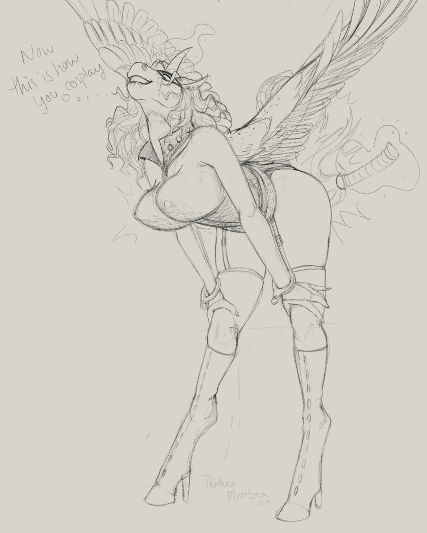 2018 anthro biting_lip boots breasts clothing cosplay dialogue english_text equine fan_character female footwear high_heels horn levitation magic mammal monochrome my_hero_academia my_little_pony nemuri_kayama nipples paddle phathusa phathusa_(character) piercing shoes sketch spanking text winged_unicorn wings