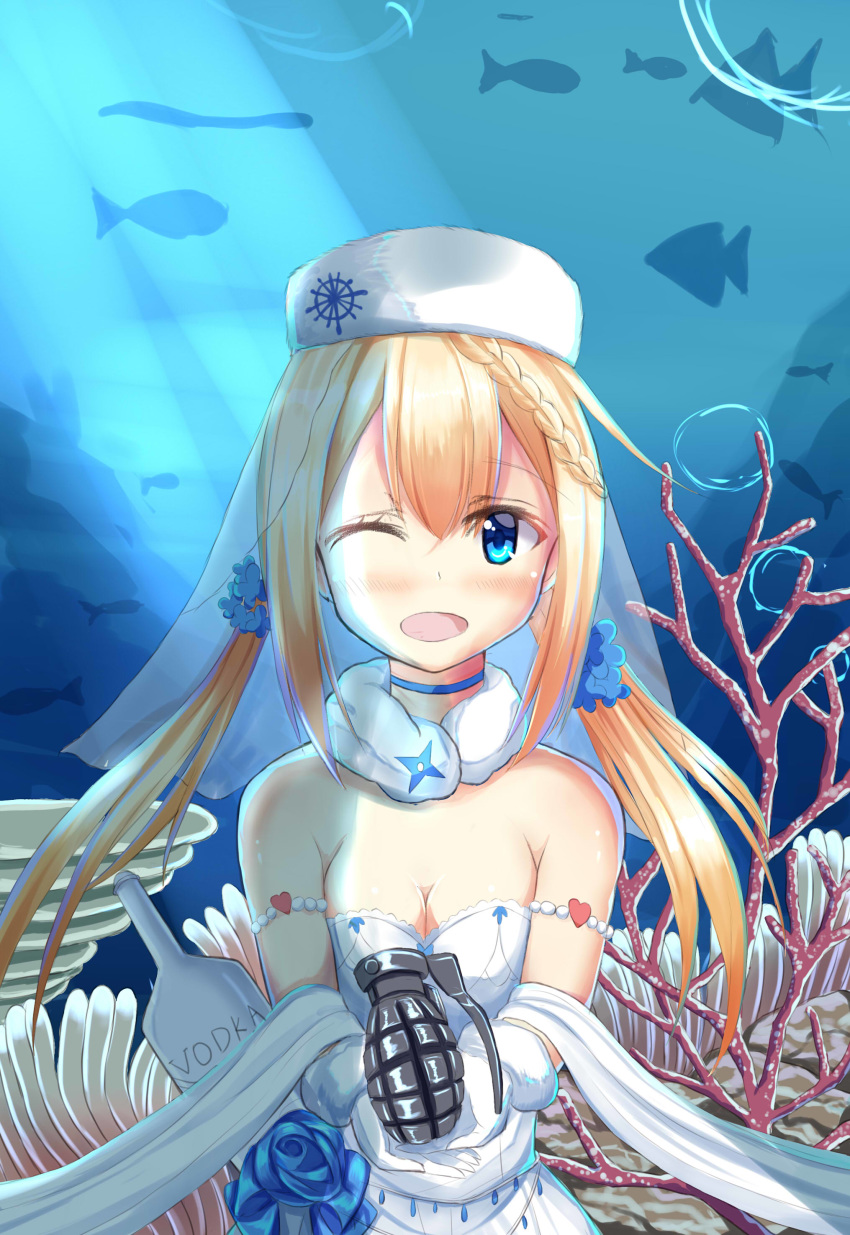 absurdres alcohol blonde_hair blue_eyes breasts bridal_veil cleavage commentary_request coral dress explosive girls_frontline gloves grenade hat highres long_hair looking_at_viewer low_twintails natsuki_(digretking) ppsh-41_(girls_frontline) seaweed small_breasts solo twintails underwater veil vodka wedding_dress