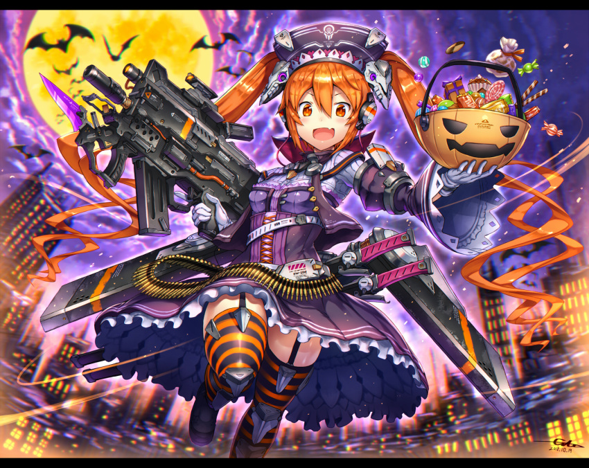 gia gun halloween long_hair orange_eyes orange_hair twintails weapon