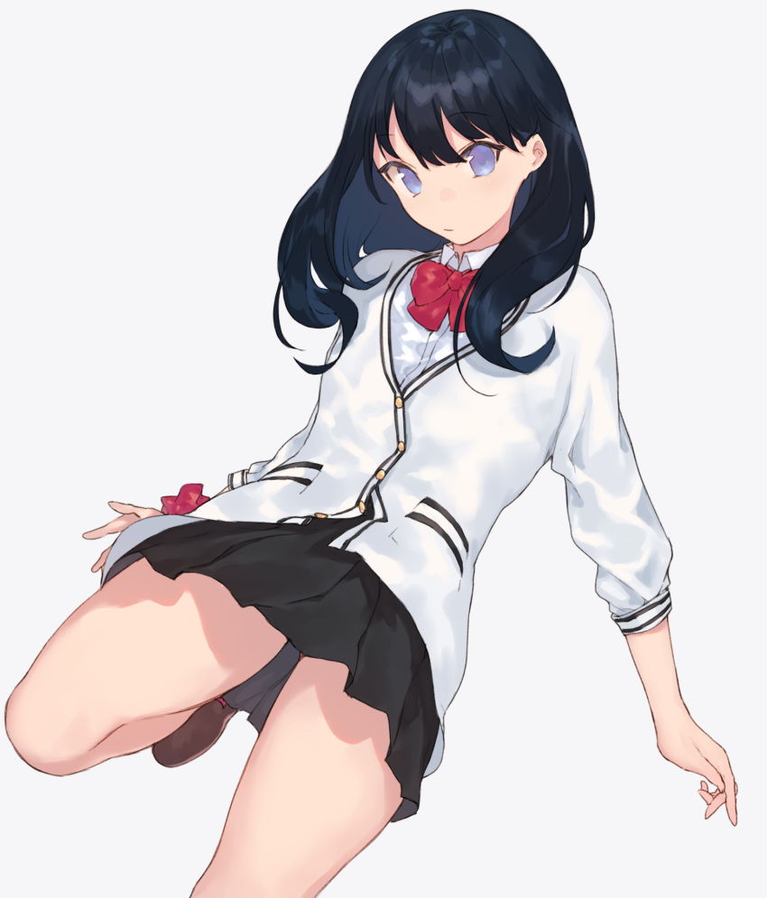 bangs black_hair black_skirt blue_eyes bow cardigan collared_shirt fifuth highres loafers long_hair long_sleeves looking_at_viewer miniskirt no_pupils pleated_skirt red_bow school_uniform scrunchie shirt shoes skirt solo ssss.gridman standing standing_on_one_leg takarada_rikka thighs unbuttoned white_cardigan white_shirt wrist_scrunchie