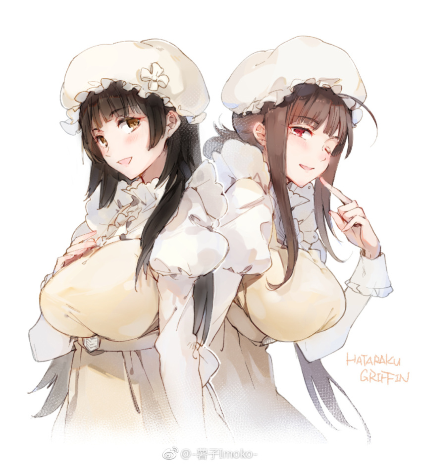 ahoge apron black_hair brown_hair chinese_commentary commentary_request cosplay dsr-50_(girls_frontline) girls_frontline hataraku_saibou highres macrophage_(hataraku_saibou) macrophage_(hataraku_saibou)_(cosplay) maid_apron maid_headdress multiple_girls one_eye_closed qbz-95_(girls_frontline) red_eyes shuzi smile yellow_eyes