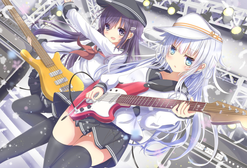 :d akatsuki_(kantai_collection) aruka_(alka_p1) bangs bass_guitar belt black_hat black_legwear black_sailor_collar black_skirt blue_eyes blue_hair blush brown_neckwear commentary concert eyebrows_visible_through_hair fender_mustang flat_cap guitar hair_between_eyes hair_ornament hairclip hammer_and_sickle hat hibiki_(kantai_collection) holding holding_instrument instrument kantai_collection long_hair long_sleeves looking_at_viewer messy_hair multiple_girls neckerchief open_mouth outstretched_arm pantyhose parted_lips pleated_skirt plectrum purple_eyes purple_hair red_neckwear sailor_collar school_uniform serafuku shirt silver_hair skirt smile speaker stage stage_lights standing standing_on_one_leg star thighhighs verniy_(kantai_collection) very_long_hair white_hat white_serafuku white_shirt
