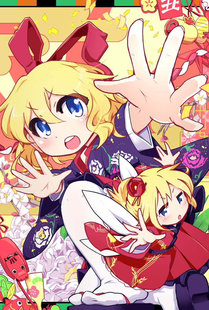 1girl absurdres alternate_costume blonde_hair blue_eyes blue_kimono bow bull chinese_zodiac confetti egasumi fish floral_print flower flower_request gold hagoita hair_flower hair_ornament highres japanese_clothes kanisawa_yuuki kimono koban_(gold) medicine_melancholy miracle_mallet new_year open_hands open_mouth paddle red_bow red_kimono red_ribbon ribbon rising_sun sandals short_hair su-san sunburst touhou wavy_hair white_flower white_legwear year_of_the_ox