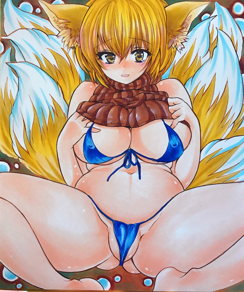 9_tails animal_humanoid belly big_breasts bikini blonde_hair blush breasts camel_toe canine clothed clothing dipstick_tail female fox_humanoid hair humanoid inner_ear_fluff mammal multi_tail multicolored_tail navel nipple_bulge open_mouth overweight plump_labia pussy ran_yakumo short_hair solo swimsuit touhou twobee undressing yellow_eyes