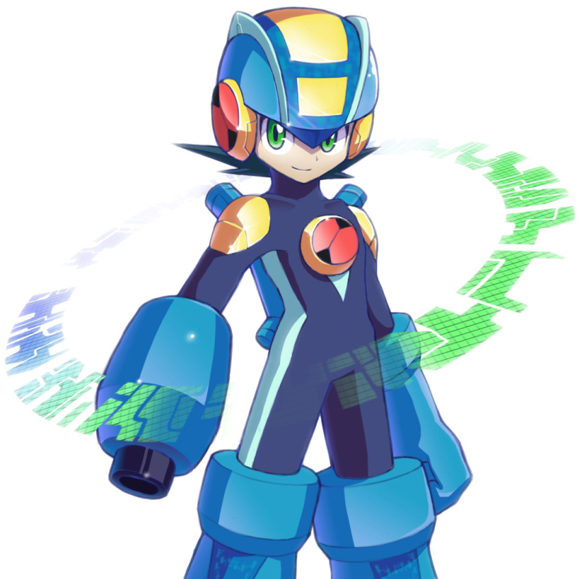 arm_cannon black_hair blue_gloves bodysuit commentary_request cowboy_shot gloves green_eyes helmet male_focus netnavi rockman rockman_exe rockman_exe_(character) simple_background smile solo standing weapon white_background yuusuke_(5yusuke3)