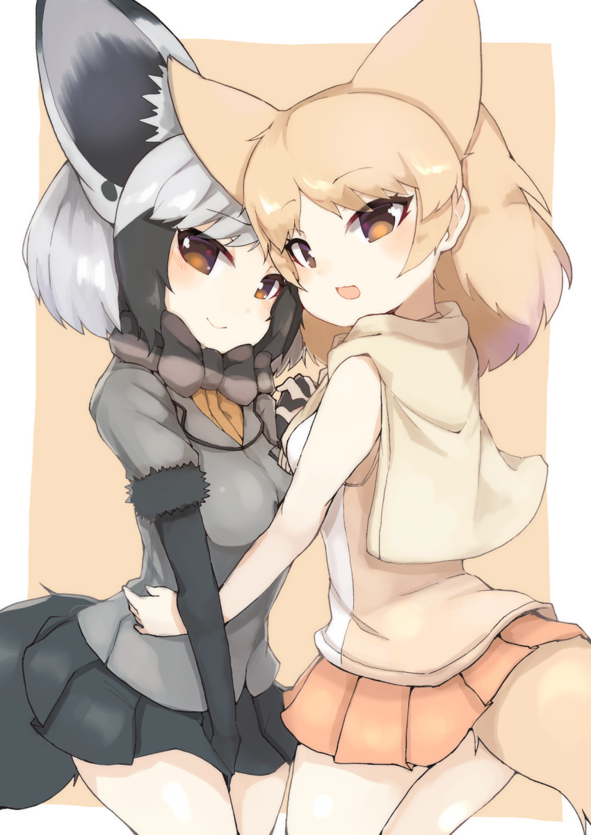 :d animal_ears bat-eared_fox_(kemono_friends) black_hair black_skirt blonde_hair bow bowtie brown_eyes extra_ears eyebrows_visible_through_hair fox_ears highres holding_hands hug interlocked_fingers kemono_friends looking_at_viewer medium_hair multiple_girls open_mouth orange_skirt pale_fox_(kemono_friends) pleated_skirt silver_hair simple_background skirt smile teranekosu