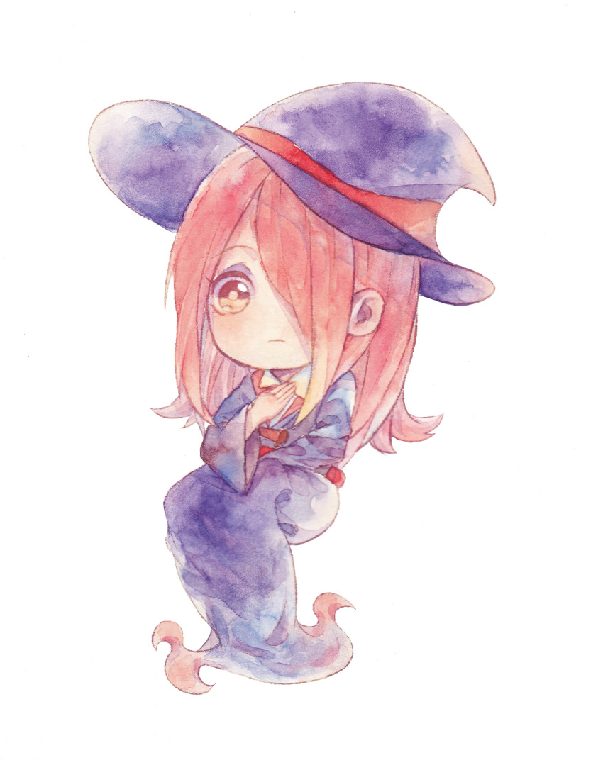 absurdres blush chibi commentary_request eyebrows_visible_through_hair hair_over_one_eye hand_on_own_chest hat highres little_witch_academia long_hair luna_nova_school_uniform pale_skin pink_hair red_eyes simple_background sitting solo sucy_manbavaran takeoohnagi traditional_media watercolor_(medium) white_background witch witch_hat