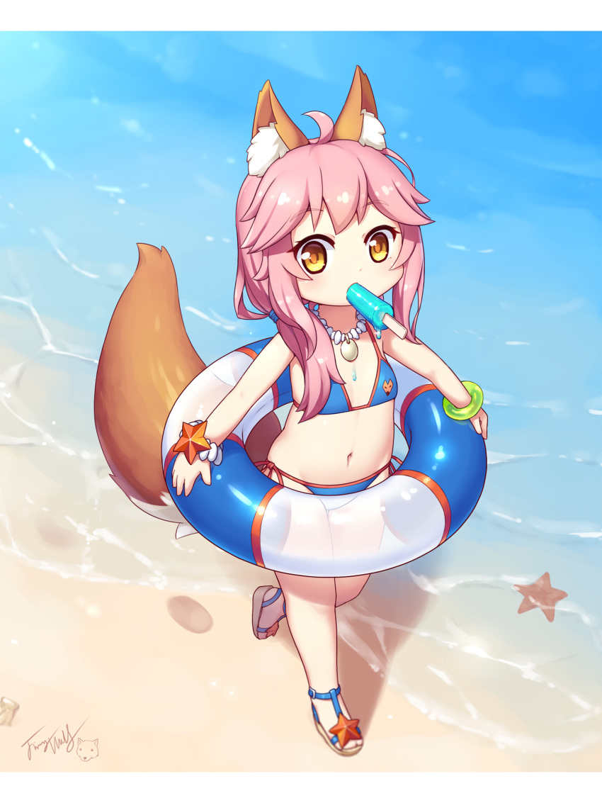 animal_ear_fluff animal_ears bangs bare_shoulders beach bikini blue_bikini blush bracelet brown_footwear brown_hair day eyebrows_visible_through_hair fate/grand_order fate_(series) flat_chest food food_in_mouth fox_ears fox_girl fox_tail highres holding holding_innertube innertube jewelry langbazi letterboxed long_hair looking_at_viewer md5_mismatch mouth_hold navel necklace outdoors pink_hair popsicle sand sandals side-tie_bikini sidelocks signature solo standing standing_on_one_leg starfish swimsuit tail tail_raised tamamo_(fate)_(all) tamamo_no_mae_(swimsuit_lancer)_(fate) water younger