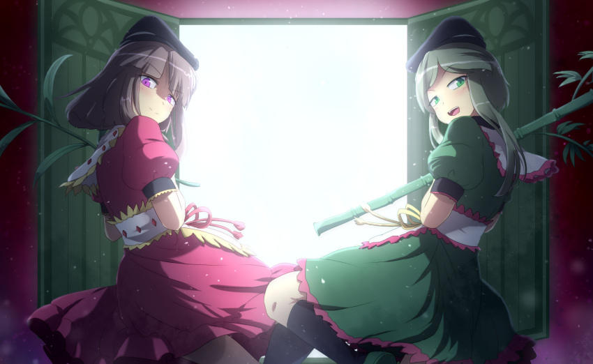 backlighting bamboo black_legwear brown_hair dress green_dress green_hair hidden_star_in_four_seasons highres lenk64 looking_at_viewer multiple_girls myouga_(plant) nishida_satono open_mouth open_window pink_dress purple_eyes socks teireida_mai touhou window