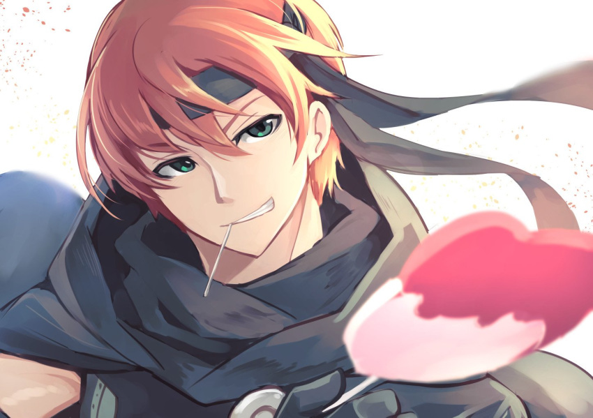 candy cloak eating fire_emblem fire_emblem:_kakusei food gaia_(fire_emblem) green_eyes headband holding lollipop nakabayashi_zun orange_hair simple_background solo white_background