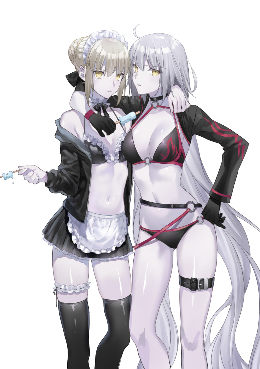 ahoge apron arm_around_shoulder artoria_pendragon_(all) artoria_pendragon_(swimsuit_rider_alter) ass_visible_through_thighs bikini bikini_skirt black_bikini black_gloves black_jacket blonde_hair bow breasts choker cleavage commentary_request cropped_legs eyebrows_visible_through_hair fate/grand_order fate_(series) food frilled_bikini frilled_choker frills frown gloves hair_bow hair_bun highres ice_cream jacket jeanne_d'arc_(alter_swimsuit_berserker) jeanne_d'arc_(fate)_(all) long_hair looking_at_viewer maid_apron maid_headdress medium_breasts multiple_girls nipi27 o-ring o-ring_bikini off_shoulder pale_skin parted_lips popsicle popsicle_stick shrug_(clothing) silver_hair simple_background small_breasts swimsuit thigh_gap thigh_strap thighhighs very_long_hair white_background yellow_eyes