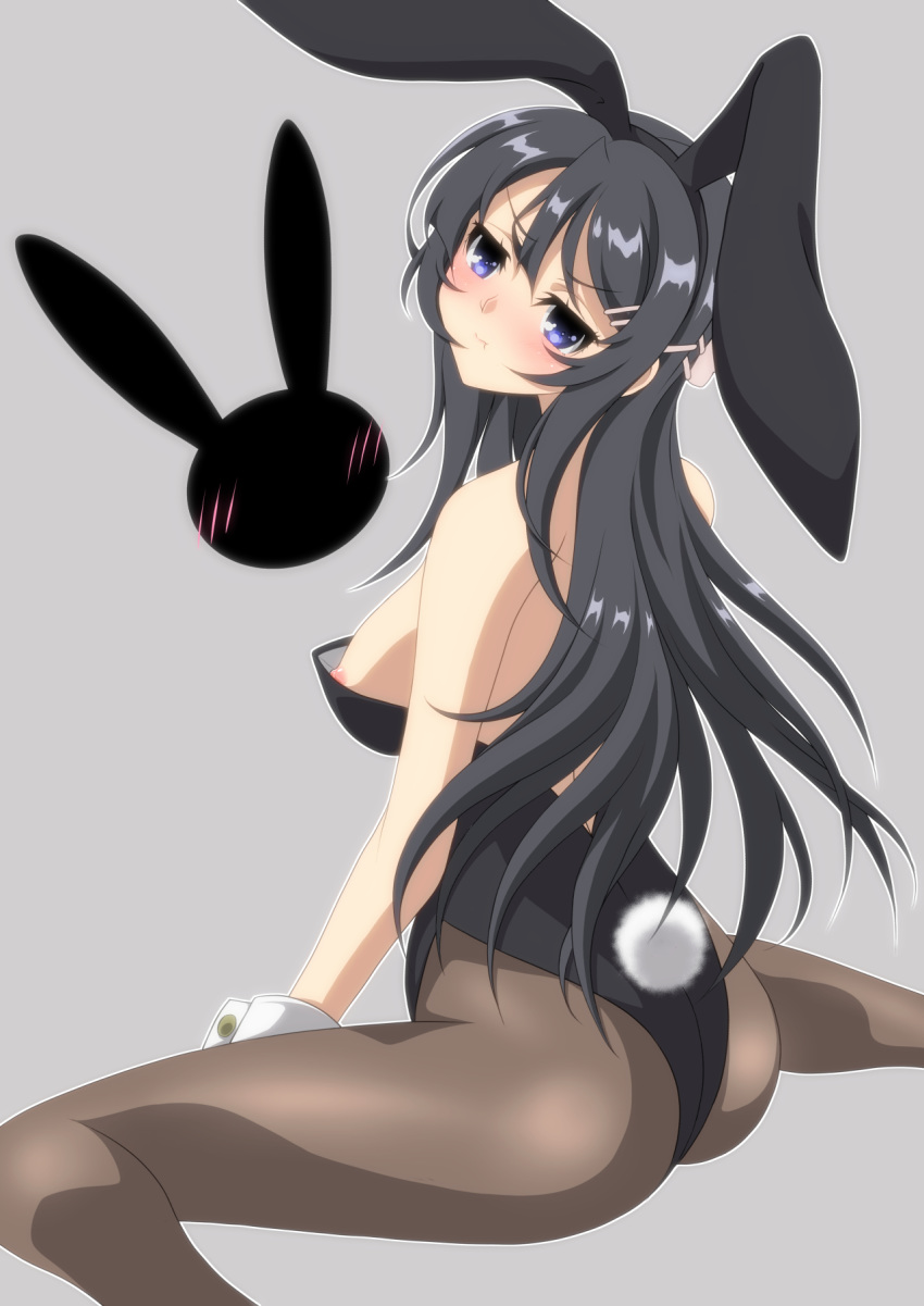 animal_ears animal_print black_hair black_legwear blue_eyes blush breasts bunny_ears bunny_print bunny_tail bunnysuit eyebrows_visible_through_hair from_behind grey_background hair_ornament hairclip highres ka2 large_breasts leotard long_hair looking_at_viewer looking_back nipples pantyhose sakurajima_mai seishun_buta_yarou sitting solo strapless strapless_leotard tail wariza wrist_cuffs