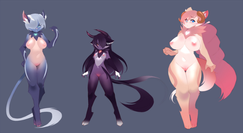 &lt;3 2_tails 4_toes 5_fingers apocanymphs_(species) big_breasts blue_eyes breasts brown_horn digitigrade female fur group hair horn inner_ear_fluff kanel larger_female long_hair multi_tail navel neck_tuft nipples nude pink_hair pink_nipples purple_fur purple_hair purple_horn pussy red_eyes short_hair simple_background size_difference smaller_female standing thick_thighs toes tuft white_hair
