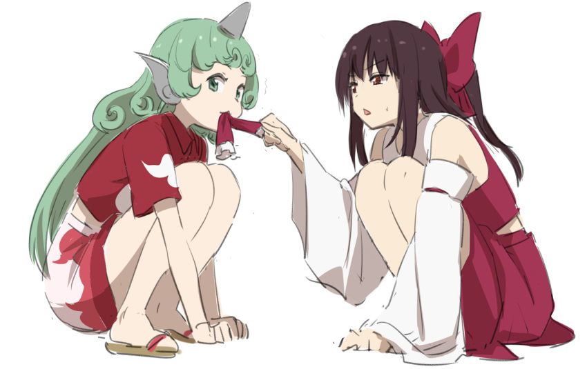 arm_support bangs bare_shoulders biting bow brown_eyes brown_footwear brown_hair cloud_print collared_shirt commentary_request curly_hair detached_sleeves eyebrows_visible_through_hair frilled_hair_tubes frills green_eyes green_hair hair_bow hair_tubes hair_tubes_removed hakurei_reimu half-closed_eyes holding horn kariyushi_shirt komano_aun leon_(mikiri_hassha) long_hair long_sleeves looking_at_another looking_at_viewer midriff_peek mouth_hold multiple_girls nontraditional_miko open_mouth red_bow red_skirt sandals shirt short_sleeves sidelocks simple_background sketch skirt skirt_set sleeveless sleeveless_shirt squatting sweatdrop thighs touhou triangle_mouth tsurime white_background wide_sleeves