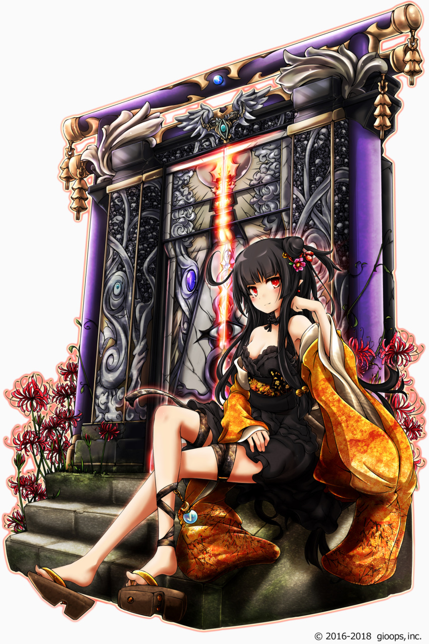 akino_coto bare_shoulders black_dress black_hair blush breasts cleavage detached_collar door dress eyebrows_visible_through_hair fang hair_ornament highres japanese_clothes kimono long_hair looking_at_viewer medium_breasts obi open_clothes open_kimono original red_eyes sandals sash sitting smile solo strapless strapless_dress white_background wide_sleeves
