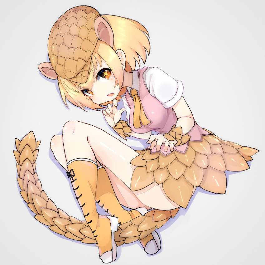 1girl blonde_hair boots eyebrows_visible_through_hair fang full_body giant_pangolin_(kemono_friends) grey_background hat highres kemono_friends knee_boots looking_at_viewer open_mouth orange_hair pangolin_ears pangolin_tail pink_shorts scales shirt short_sleeves shorts simple_background solo teranekosu white_shirt yellow_footwear yellow_neckwear