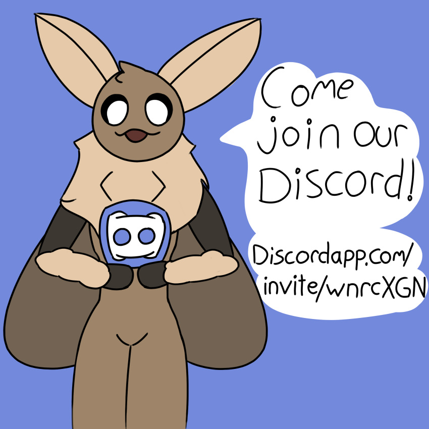 advertisement ambiguous_gender anthro arthropod black_sclera blue_background brown_fur discord_(app) english_text ezra_(otterjunk) fur holding_object insect insect_wings moth multicolored_fur otterjunk simple_background solo speech_bubble standing text tuft white_eyes wings