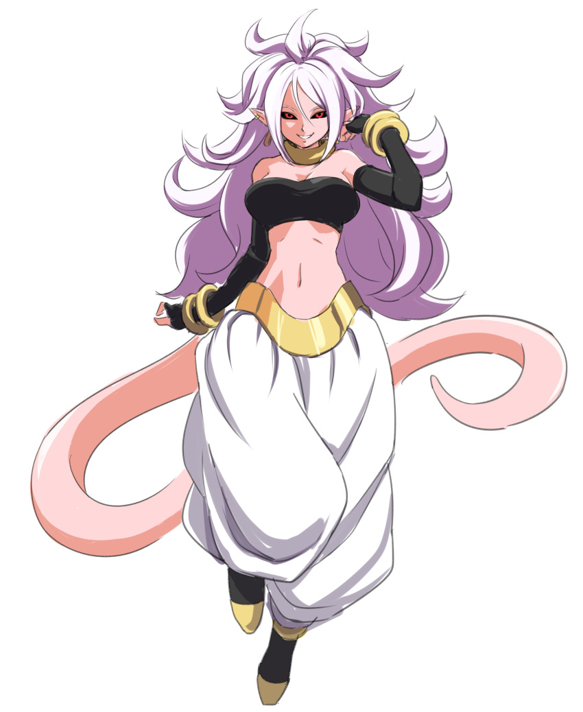 absurdres ahoge android_21 arm_up baggy_pants bandeau bangle bare_shoulders black_footwear black_gloves black_sclera bracelet breasts cleavage commentary_request dragon_ball dragon_ball_fighterz earrings fingerless_gloves full_body gloves grin hair_between_eyes hair_strand harem_pants highres jewelry large_breasts leon_(mikiri_hassha) long_hair looking_at_viewer majin_android_21 midriff navel pants pink_skin pointy_ears red_eyes shoes sidelocks silver_hair simple_background smile solo stomach tail very_long_hair white_background