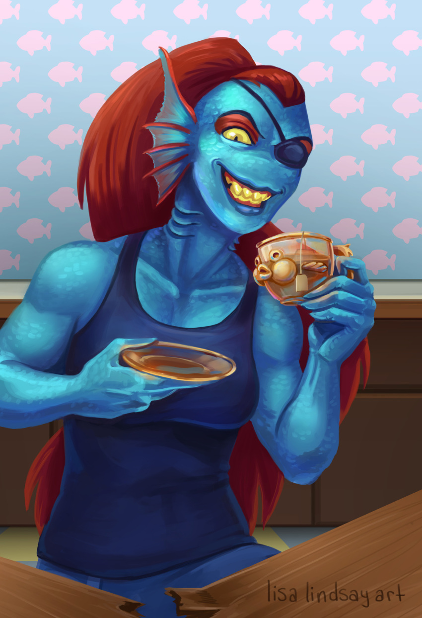 anthro blue_skin clothing eye_patch eyewear female fish gills grin hair holding_cup lisa_lindsay_art marine red_hair shirt smile solo tank_top teabag undertale undyne video_games yellow_eyes