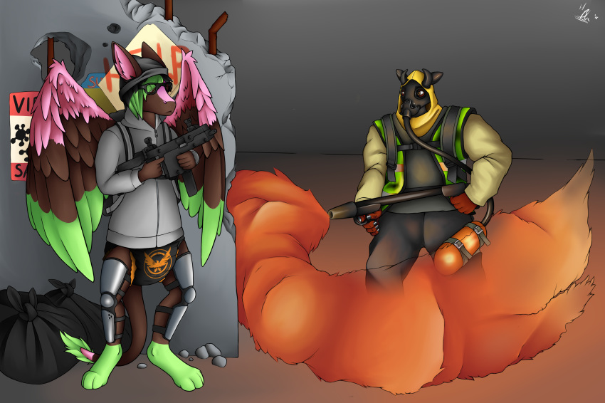 angel_dragon anthro biped character_request clothed clothing diaper dragon duo eyewear flamethrower fully_clothed fur gas_mask glasses gun hair hoodie male mask pants ranged_weapon rifle shirt signature source_request species_request standing twixxel_minty unknown_artist unknown_artist_signature weapon wings