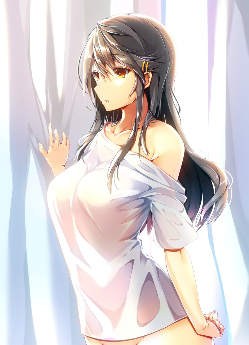 arm_at_side bangs black_hair blush bottomless breasts brown_eyes casual collarbone commentary_request cowboy_shot curtains groin hair_ornament hair_over_shoulder hairclip haruna_(kantai_collection) highres kantai_collection large_breasts long_hair looking_afar naked_shirt off_shoulder parted_lips shirt sidelocks single_bare_shoulder solo sunlight thighs tsukui_kachou white_shirt